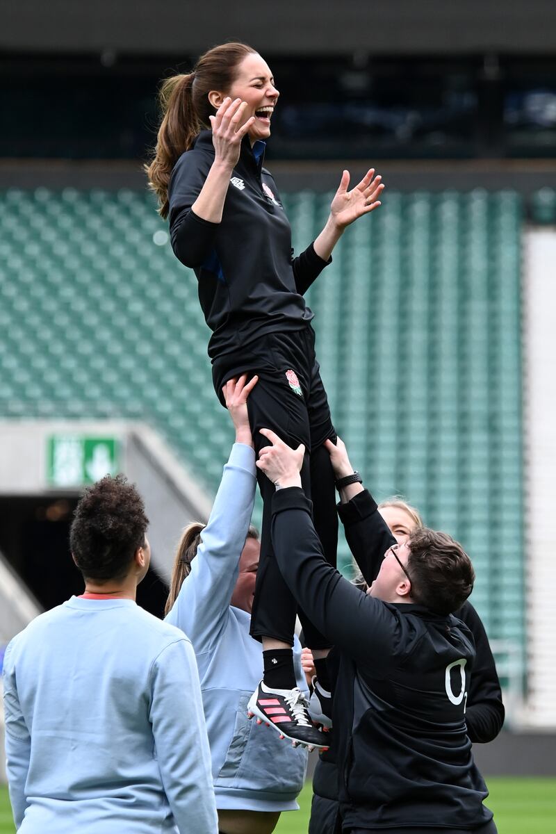 Catherine takes part in an England training session, after becoming patron of the Rugby Football Union in February 2022, at Twickenham Stadium in London