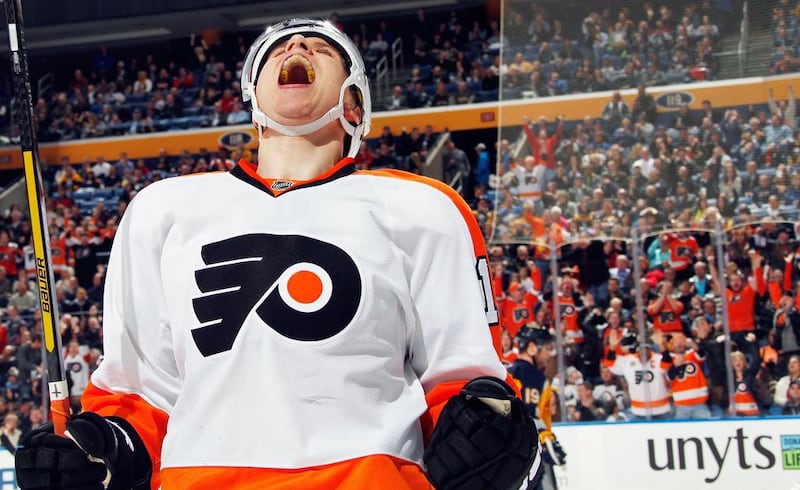 Brayden Schenn of the Philadelphia Flyers celebrates his third-period goal against the Buffalo Sabres at the First Niagara Center in Buffalo, New York. Jen Fuller / Getty Images / AFP