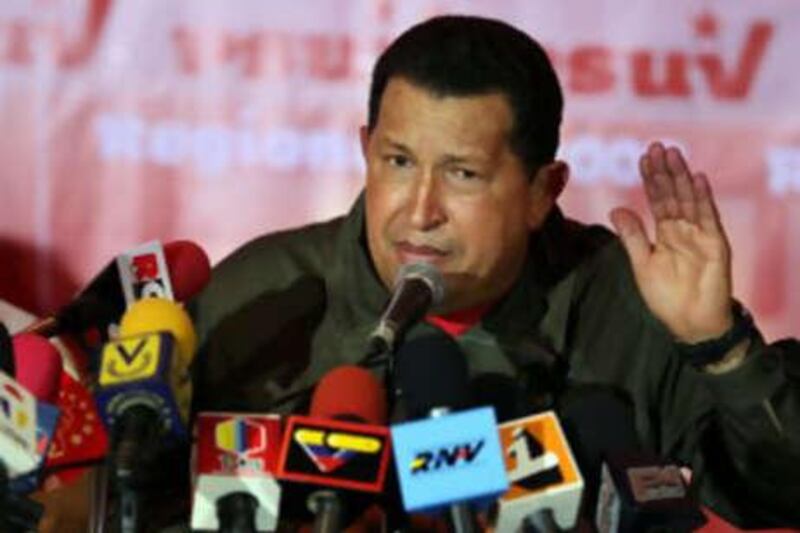 The Venezuelan president Hugo Chavez speaks during a press conference after municipal election results were announced in Caracas today.