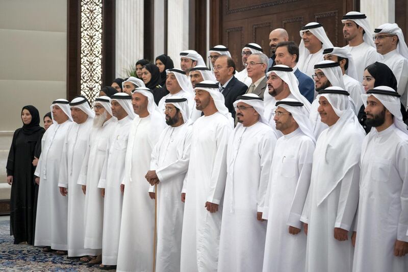 ABU DHABI, UNITED ARAB EMIRATES - May 13, 2019: HH Sheikh Mohamed bin Zayed Al Nahyan, Crown Prince of Abu Dhabi and Deputy Supreme Commander of the UAE Armed Forces (5th R) and HH Sheikh Tahnoon bin Mohamed Al Nahyan, Ruler's Representative in Al Ain Region (6th R), stand for a photograph with members of Ministry of Health. 
( Mohamed Al Hammadi / Ministry of Presidential Affairs )
---