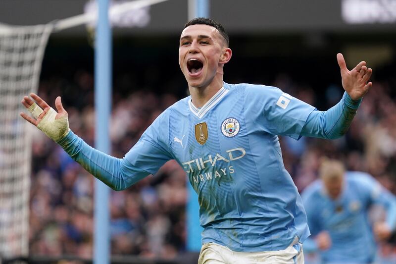 Manchester City's Phil Foden celebrates scoring their  second goal in the 3-1 Premier League win at the Etihad Stadium on March 3, 2024. PA 
