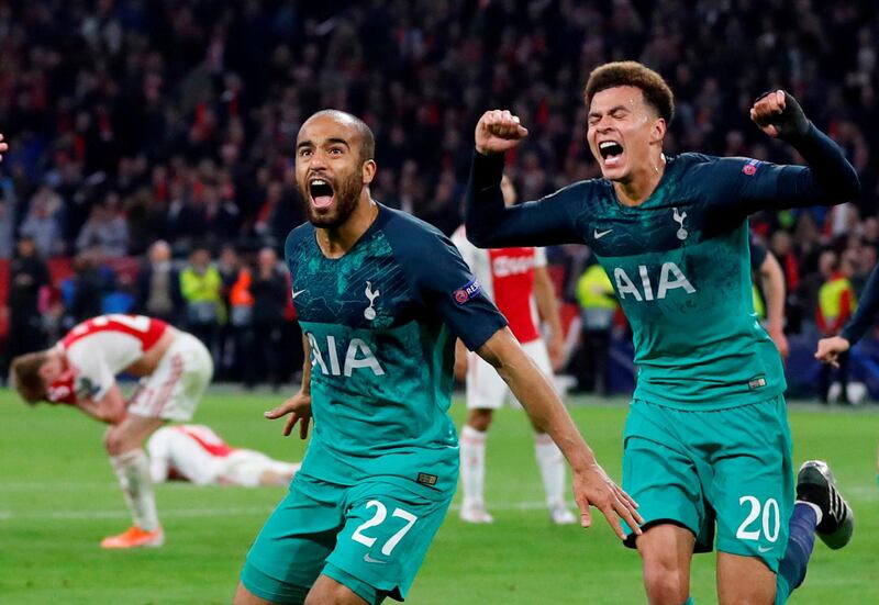 Soccer Football - Champions League Semi Final Second Leg - Ajax Amsterdam v Tottenham Hotspur - Johan Cruijff Arena, Amsterdam, Netherlands - May 8, 2019  Tottenham's Lucas Moura celebrates scoring their third goal to complete his hat-trick with Dele Alli    Action Images via Reuters/Matthew Childs