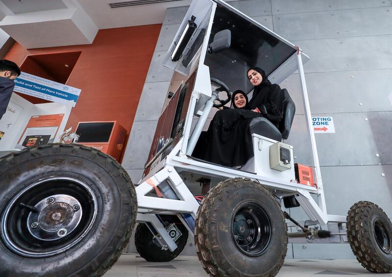 Abu Dhabi, United Arab Emirates, February 23, 2019.  Think Science Fair 2019 at Khalifa University.  (L-R) Anoud Alkatheeri and Fatima Alnuaimi with their project, Design, build and test of Mars Vehicle.
Victor Besa/The National
Section:  NA
Reporter:  Shireena Al Nowais