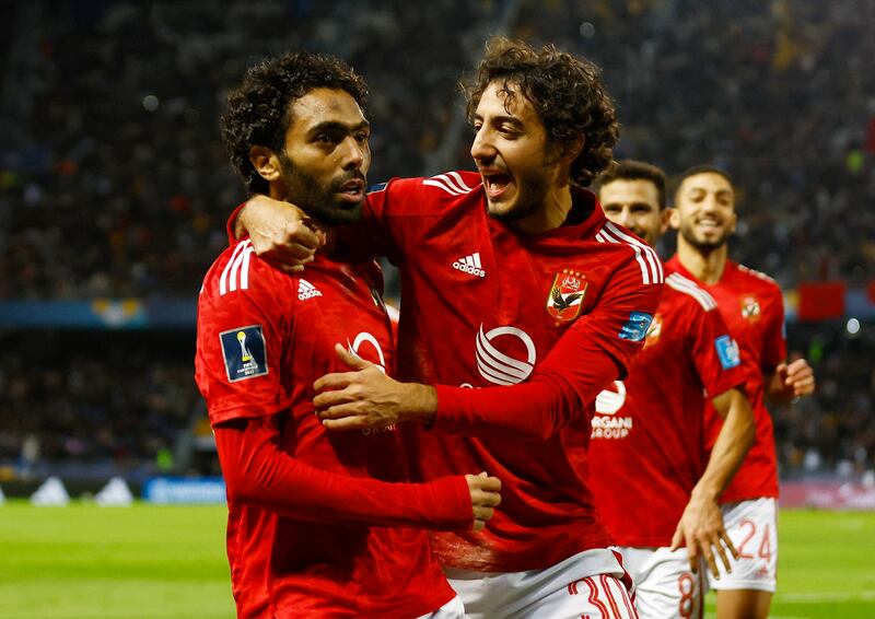 Hussein El-Shahat celebrates with Mohamed Hany after scoring Al Ahly's first goal. Reuters