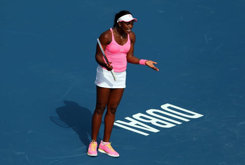 DUBAI, UNITED ARAB EMIRATES - FEBRUARY 18:  Sloane Stephens of USA reacts in her match against Sorana Cirstea of Romania during day one of the WTA Dubai Duty Free Tennis Championship on February 18, 2013 in Dubai, United Arab Emirates.  (Photo by Julian Finney/Getty Images) *** Local Caption ***  161955127.jpg