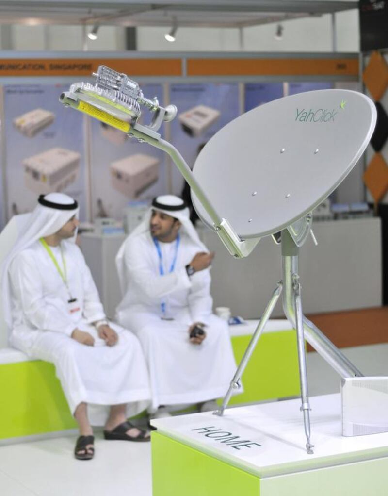 A YahLive satellite for home use is displayed on the Yahsat exhibition stand at the CABSAT 2013 exhibition at the Dubai World Trade Centre in March 2013. Charles Crowell for The National