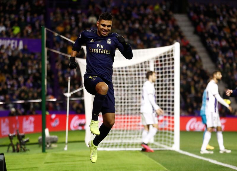 Real Madrid's Casemiro celebrates scoring a goal which is later disallowed following a VAR review. Reuters