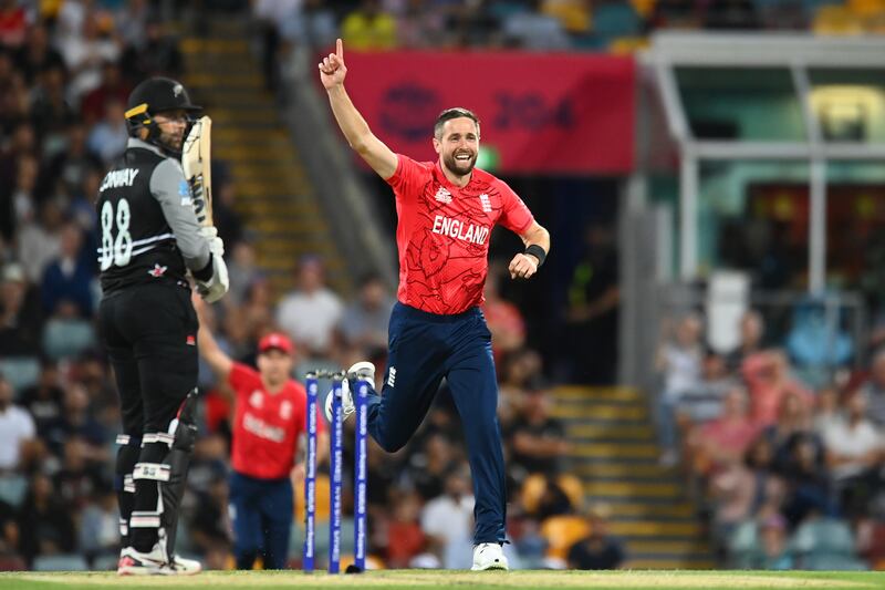 Chris Woakes of England celebrates dismissing Devon Conway of New Zealand. Getty