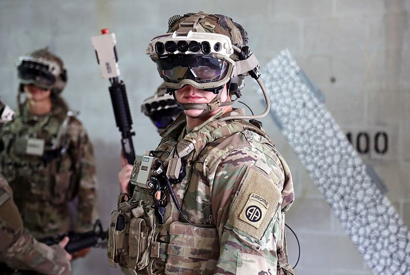 Soldiers don a prototype of the US army's Integrated Visual Augmentation System during a training environment test event. Reuters