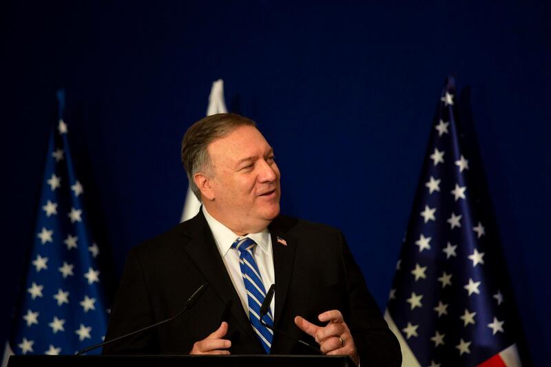 US Secretary of State Mike Pompeo speaks during a joint press conference with the Israeli prime minister after a meeting in Jerusalem. AFP