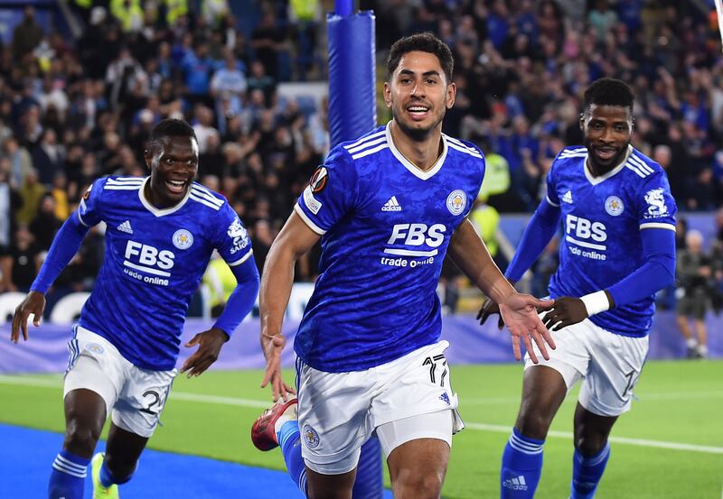 Leicester City's Ayoze Perez celebrates scoring the opening goal in the Europa League match against Napoli in Leicester, England, on Thursday. EPA