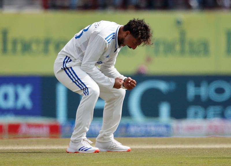 India's Kuldeep Yadav celebrates after taking the wicket of England opener Zak Crawley. Reuters