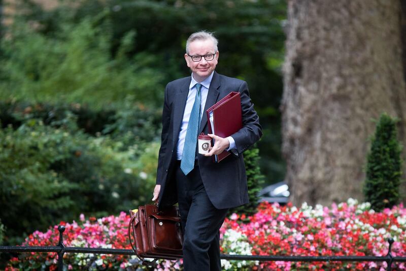 Michael Gove, U.K. environment secretary, arrives for a weekly meeting of cabinet ministers at number 10 Downing Street in London, U.K., on Tuesday, Sept. 5, 2017. U.K. Prime Minister��Theresa May��is to use a speech in late September to try to force the pace of Brexit negotiations as an October showdown with her European counterparts looms. Photographer: Simon Dawson/Bloomberg
