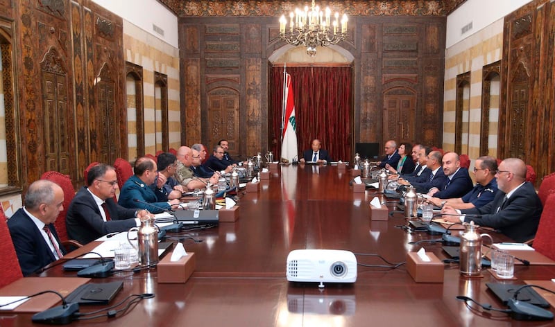 President Michel Aoun (C) heads a meeting of the Higher Defence Council in the historic Beiteddine Palace in Lebanon's Chouf mountains, southeast of the capital Beirut.  HO via AFP