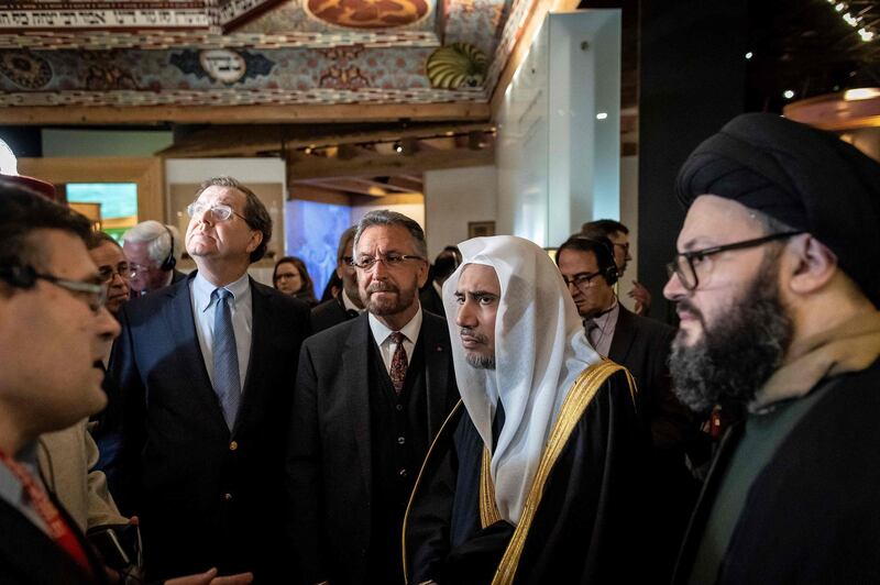 David Harris, Mohammad Abdulkarim Al Issa and a member of the Muslim delegation visit the POLIN Museum of the History of Polish Jews. AFP