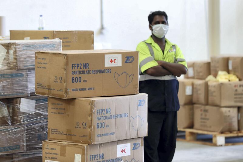 Dubai, United Arab Emirates - Reporter: Kelly Clarke. Aid is prepared by the International Federation of Red Cross and Red Crescent Societies to support Beirut. Wednesday, August 5th, 2020. Dubai. Chris Whiteoak / The National