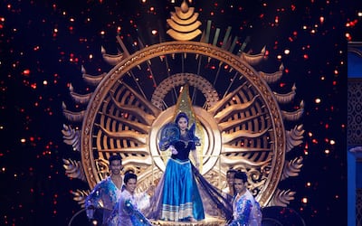 Bollywood actress Madhuri Dixit performs during the 20th International Indian Film Academy (IIFA) awards ceremony in Mumbai, India, Thursday, Sept. 19, 2019. (AP Photo/Rafiq Maqbool)