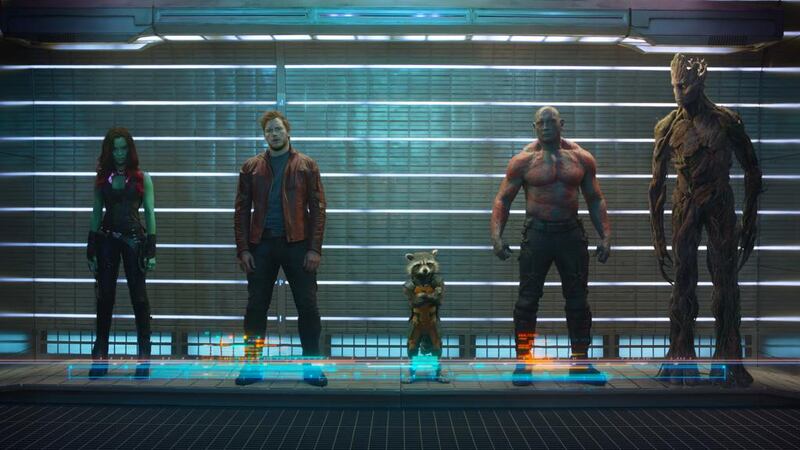 Left to right: Gamora (Zoe Saldana), Peter Quill/Star-Lord (Chris Pratt), Rocket Raccoon (voiced by Bradley Cooper), Drax The Destroyer (Dave Bautista) and Groot (voiced by Vin Diesel). Courtesy: Film Frame