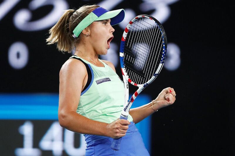 MELBOURNE, AUSTRALIA - JANUARY 24:  Sofia Kenin of the United States celebrates after winning a point in her third round match against Shuai Zhang of China on day five of the 2020 Australian Open at Melbourne Park on January 24, 2020 in Melbourne, Australia. (Photo by Daniel Pockett/Getty Images)