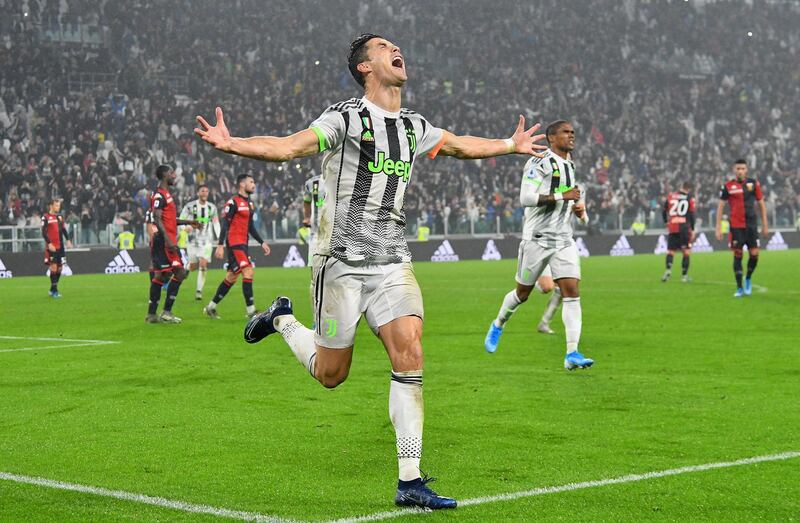 TURIN, ITALY - OCTOBER 30:  Cristiano Ronaldo of Juventus  celebrates after scoring his team second goal during the Serie A match between Juventus and Genoa CFC at  on October 30, 2019 in Turin, Italy.  (Photo by Alessandro Sabattini/Getty Images)