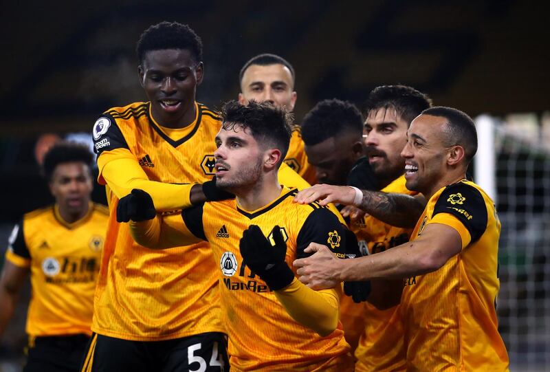 Pedro Neto celebrates scoring the winner for Wolves against Chelsea. PA