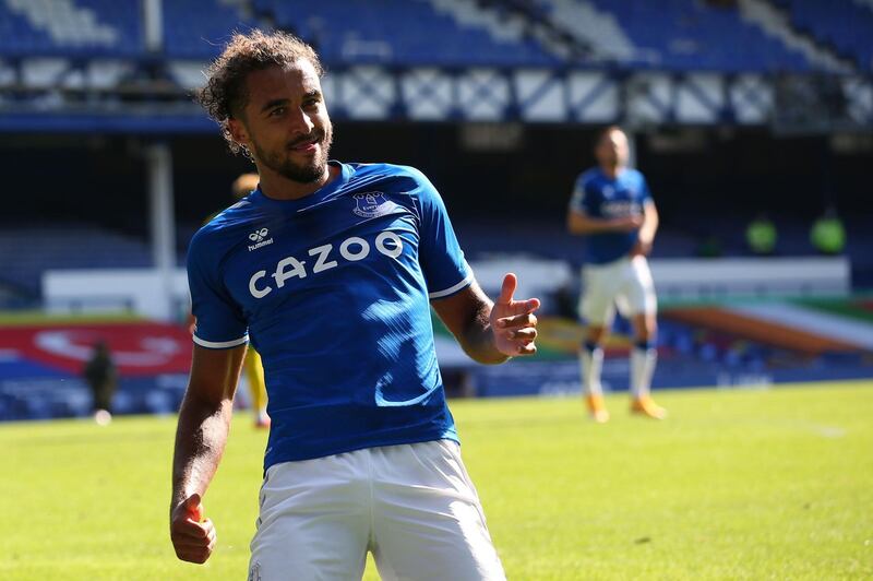 Everton's English striker Dominic Calvert-Lewin celebrates after scoring their fifth goal at Goodison Park. AFP