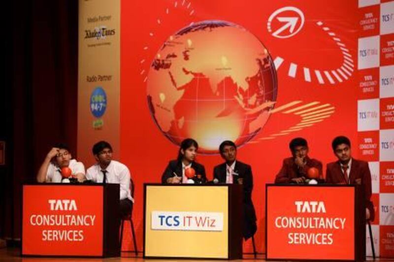 
DUBAI, UNITED ARAB EMIRATES Ð April 30,2011: Left to Right- Teams of Sharjah Indian School, Dubai Modern School and Millennium School taking part in the TCS IT Wiz, IndiaÕs biggest IT quiz competition at Shaikh Rashid Auditorium in Indian High School in Dubai. (Pawan Singh / The National) For News. Story by Essam
