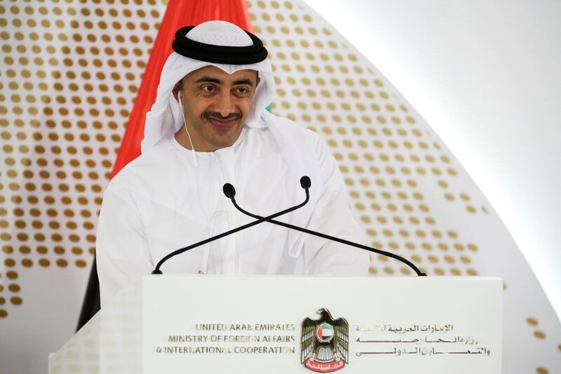 Sheikh Abdullah bin Zayed, Minister of Foreign Affairs and International Cooperation, smiles during a news conference at the UAE Foreign Ministry. Jon Gambrell / AP Photo