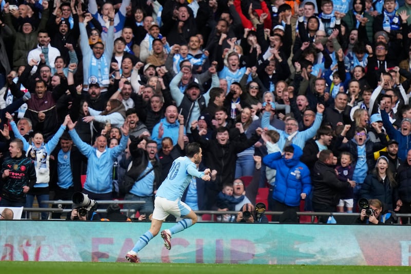 Manchester City's Bernardo Silva celebrates after scoring the winner at Wembley. AP
