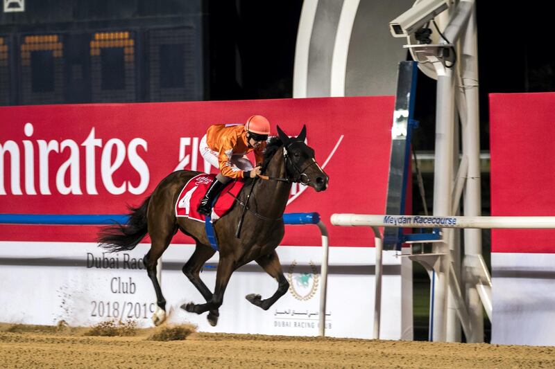 DUBAI, UNITED ARAB EMIRATES - NOVEMBER 1, 2018. 

Jockey Connor Beasley on WALKING THUNDER (USA) 2 yrs, owned by Phoenix Ladies Syndicate, Trained by A bin Harmash wins the 1st race at Meydan Racecourse for the First Race Meeting.

(Photo by Reem Mohammed/The National)

Reporter:
Section:  SP