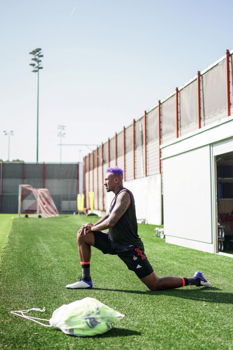 MUNICH, GERMANY - SEPTEMBER 15: Jerome Boateng of FC Bayern Muenchen streches during a training session at Saebener Strasse training ground on September 15, 2020 in Munich, Germany. (Photo by M. Donato/FC Bayern via Getty Images)