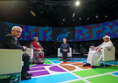 The speeches were followed by a panel session, where – from right – Zaki Nusseibeh, Cultural Adviser to the President of the UAE, discussed the roles of culture and government in building resilient societies with three former heads of state Dalia Grybauskaite (Lithuania), Joyce Banda (Malawi) and Ivo Josipovic (Croatia). Victor Besa / The National