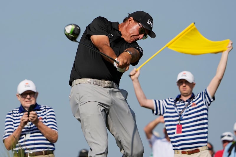 Joint leader Phil Mickelson hits his tee shot on the 15th hole during the second round of the PGA Championship at Kiawah Island. AP