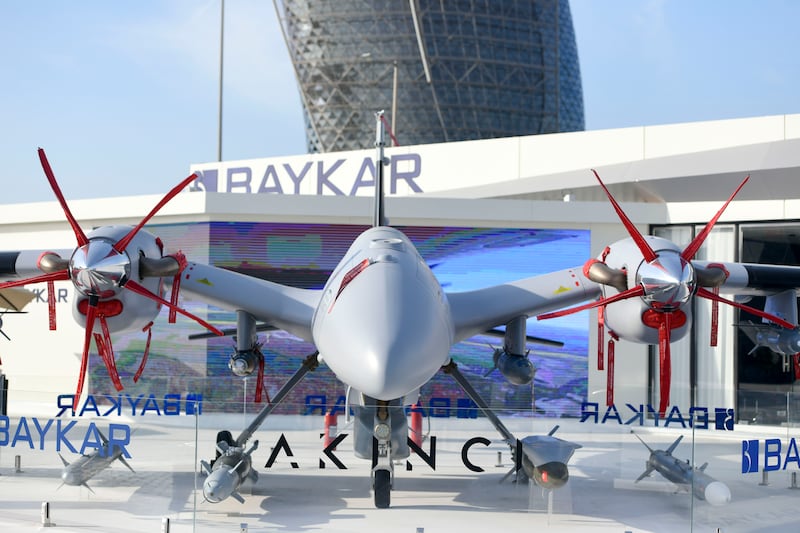 The Turkish-made Baykar drone at Abu Dhabi National Exhibition Centre. Khushnum Bhandari / The National 
