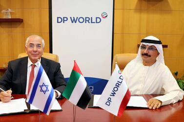 Group chairman and chief executive of DP World, Sultan Ahmed bin Sulayem, signed preliminary agreements with DoverTower, a company owned by Shlomi Fogel, the co-owner of Israel Shipyards and Port of Eilat. Courtesy: DP World