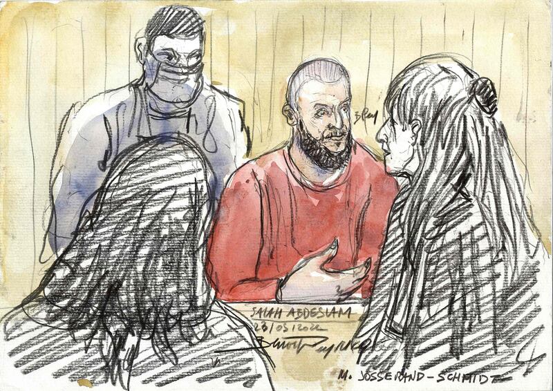 A court sketch depicting Salah Abdeslam (C), the prime suspect in the trial of the November 2015 attacks in which 130 people were killed in various locations across Paris. AFP