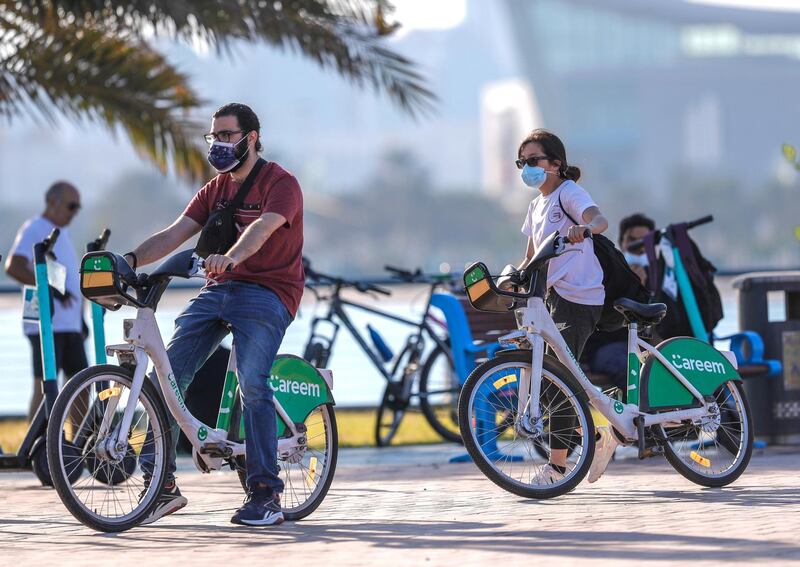 Abu Dhabi, United Arab Emirates, October  23, 2020.    Careem bikes for rent along the corniche.
Victor Besa/The National
Section:  NA
for:  Standalone/Weather