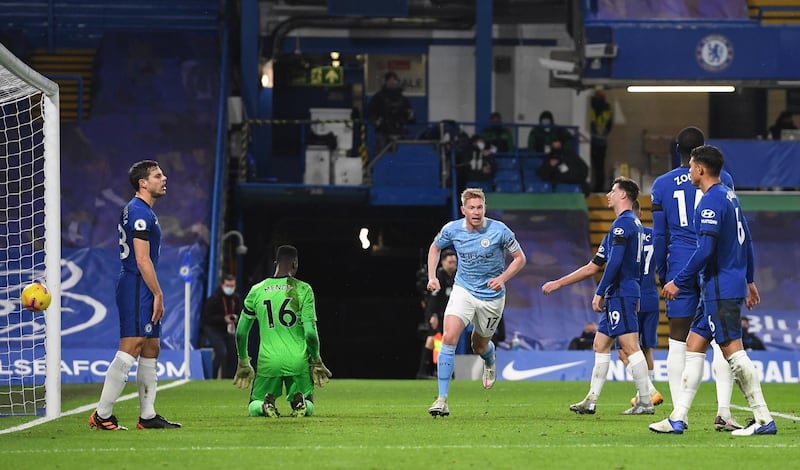 Kevin de Bruyne celebrates scoring Manchester City's third goal. EPA