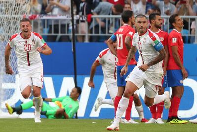 epa06815588 Aleksandar Kolarov (R) of Serbia celebrates after scoring the 1-0 lead during the FIFA World Cup 2018 group E preliminary round soccer match between Costa Rica and Serbia in Samara, Russia, 17 June 2018.

(RESTRICTIONS APPLY: Editorial Use Only, not used in association with any commercial entity - Images must not be used in any form of alert service or push service of any kind including via mobile alert services, downloads to mobile devices or MMS messaging - Images must appear as still images and must not emulate match action video footage - No alteration is made to, and no text or image is superimposed over, any published image which: (a) intentionally obscures or removes a sponsor identification image; or (b) adds or overlays the commercial identification of any third party which is not officially associated with the FIFA World Cup)  EPA/TATYANA ZENKOVICH   EDITORIAL USE ONLY