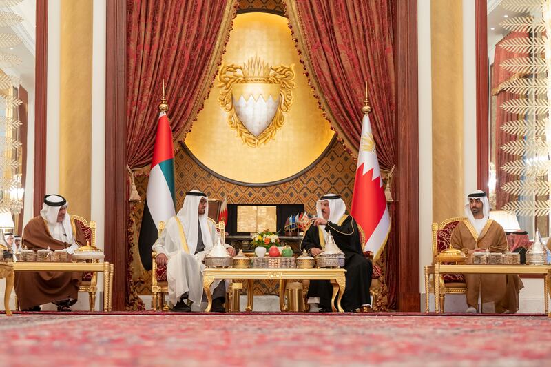 Sheikh Mohamed bin Zayed meets King Hamad at Sakhir Palace. They were joined by Prince Salman bin Hamad, Crown Prince and First Deputy Supreme Commander of Bahrain, left, and Sheikh Hamdan bin Mohamed bin Zayed Al Nahyan: Photo: Abdulla Al Neyadi for the Ministry of Presidential Affairs