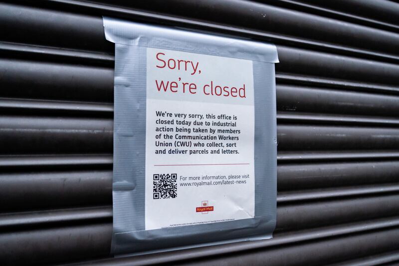 A notice about strike action outside Mount Pleasant Mail Centre in Farringdon, as Royal Mail workers stage strikes. PA