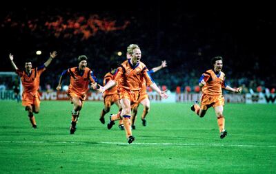 20 May 1992 Wembley European Cup Final Barcelona v Sampdoria - Ronald Koeman of Barcelona celebrates after scoring the winning goal. (Photo by Mark Leech/Getty Images)