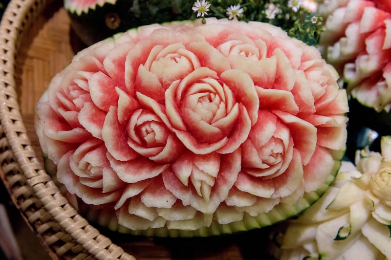 A carved watermelon is displayed during a fruit and vegetable carving competition in Bangkok. Robert Schmidt / AFP