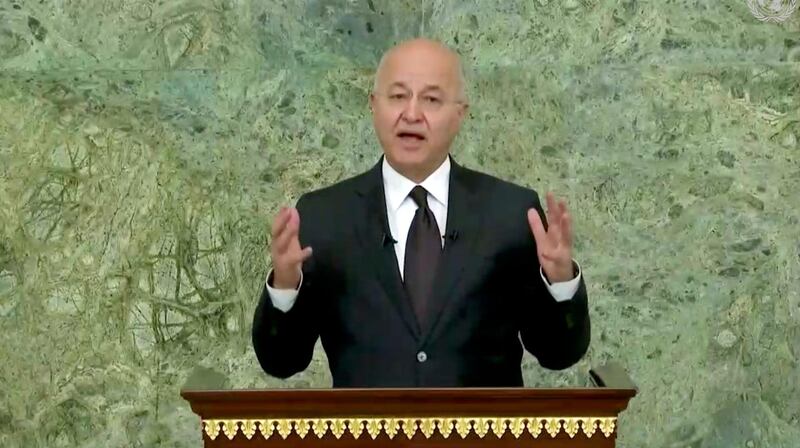 In this image made from UNTV video, Barham Salih, President of Iraq, speaks in a pre-recorded message which was played during the 75th session of the United Nations General Assembly, Wednesday, Sept. 23, 2020, at U.N. headquarters in New York. (UNTV via AP)