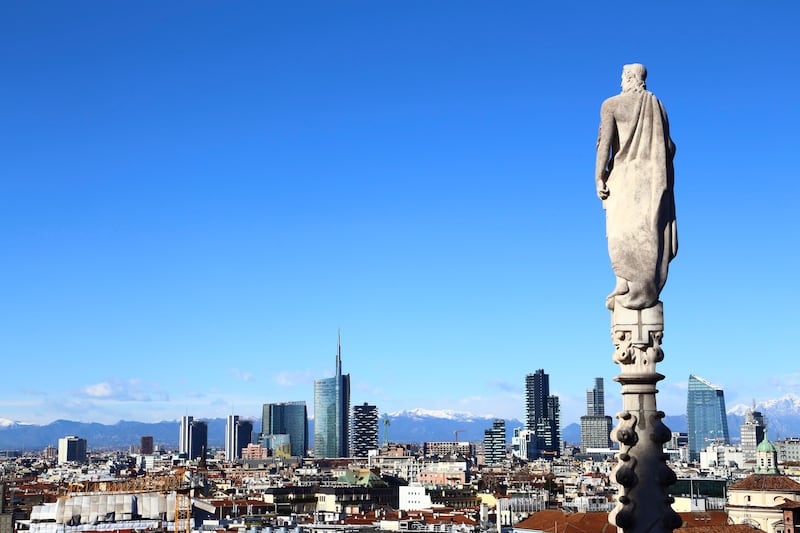 05 Mar 2015, Milan, Italy --- Italy, Lombardia (Lombardy), Milano (Milan) . Milano new skyline (Porta Nuova district) view from the Duomo. --- Image by © Atlantide Phototravel/Corbis *** Local Caption ***  ut21ma-mkop-milan01.jpg