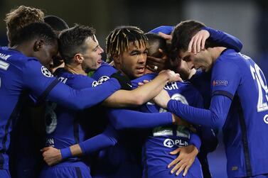 Chelsea's Hakim Ziyech celebrates with teammates after scoring the first goal against Atletico Madrid. Reuters