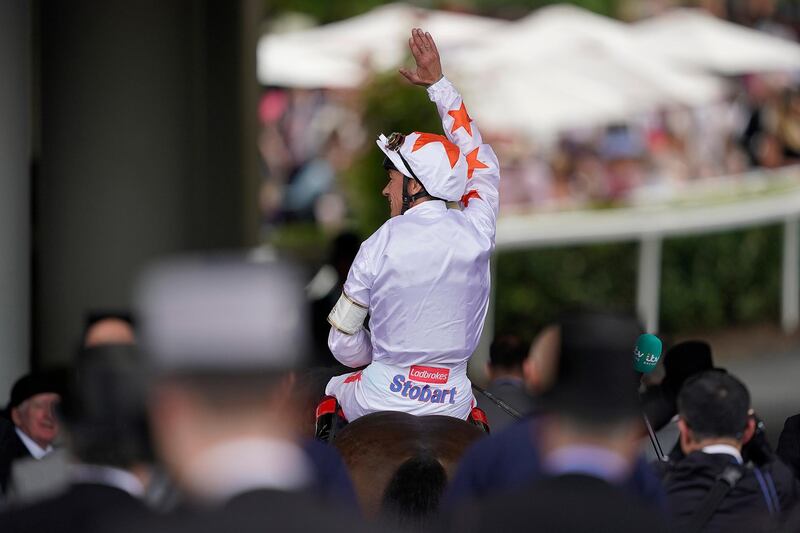 Frankie Dettori celebrates after riding Advertise to win The Commonwealth Cup. Getty Images