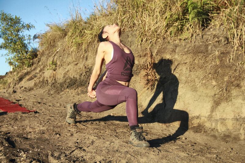 Open-chest lunge. This stretch targets the psoas muscles to create length and flexibility in the hip flexors, and opens up the chest – especially useful if you’re carrying a heavy backpack. Courtesy Nerry Toledo