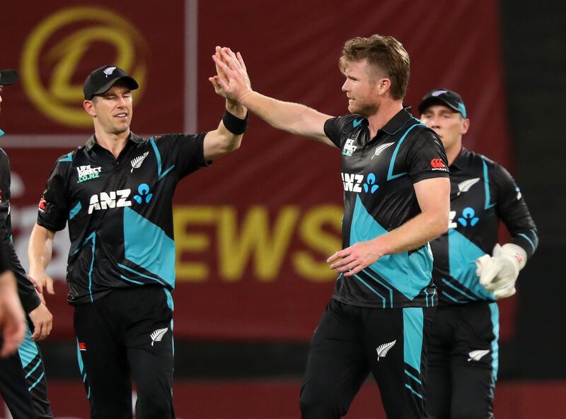 New Zealand bowler James Neesham afer taking the wicket of UAE's Aryansh Sharma for 60.