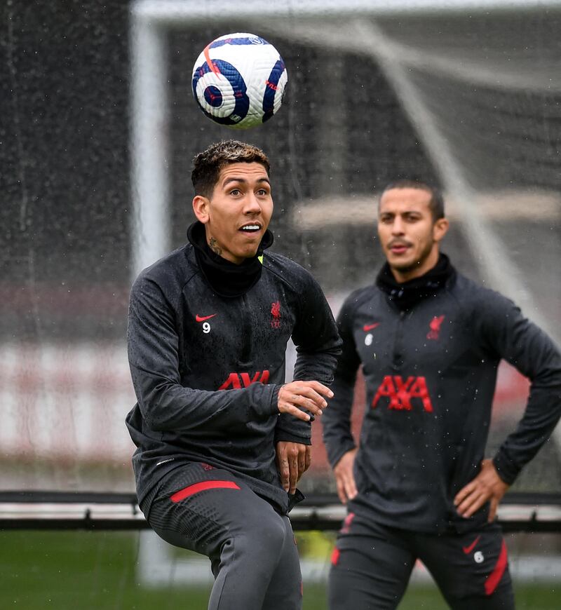 KIRKBY, ENGLAND - MAY 21: (THE SUN OUT, THE SUN ON SUNDAY OUT) Roberto Firmino of Liverpool during a training session at AXA Training Centre on May 21, 2021 in Kirkby, England. (Photo by Andrew Powell/Liverpool FC via Getty Images)